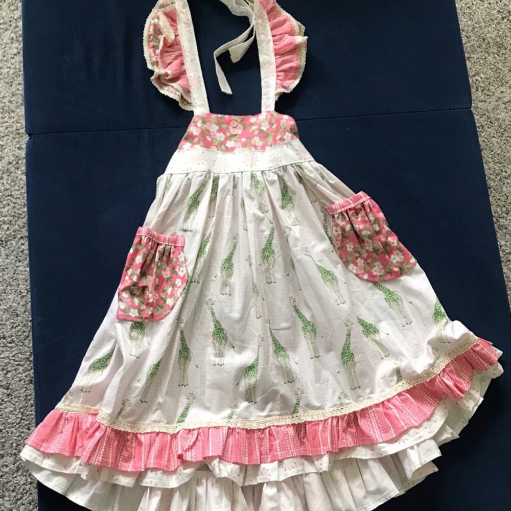 Ruffled Giraffe Print Apron Dress in Pink and Green NWOT